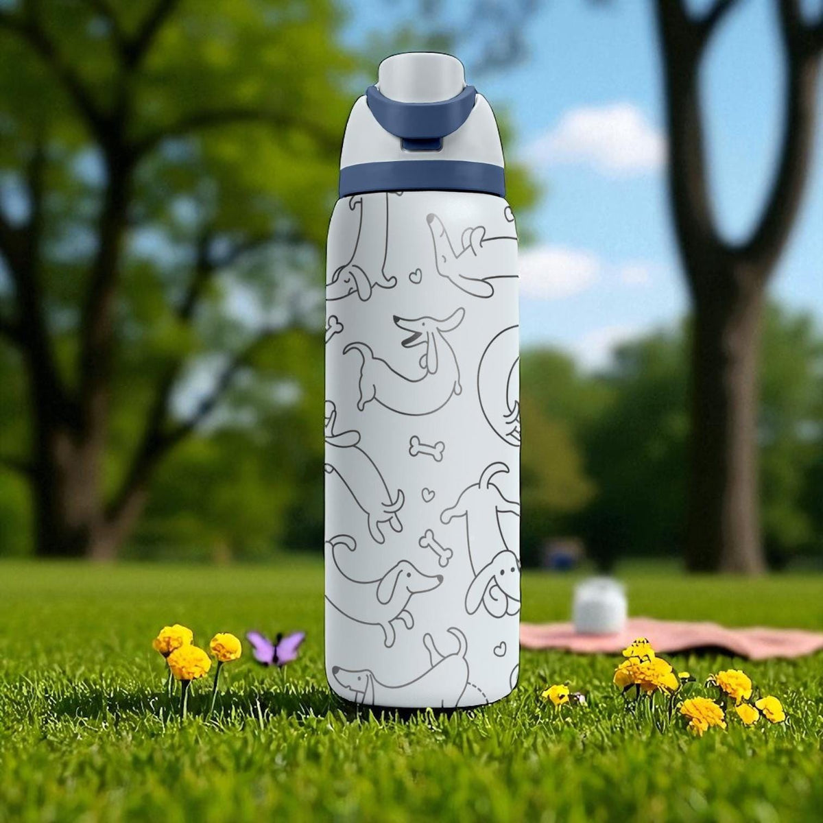 Cute Dachshund Owala Bottle – 16oz 24oz 32oz 40oz Engraved Sausage Dog Tumbler – White Pup Gift for Dog Lovers