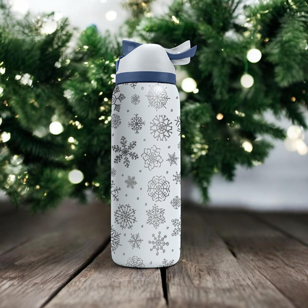 Minimal Snowflakes Engraved Owala Bottle – Winter Pattern Stainless Steel Cup – Elegant Christmas Gift 16oz 24oz 32oz 40oz