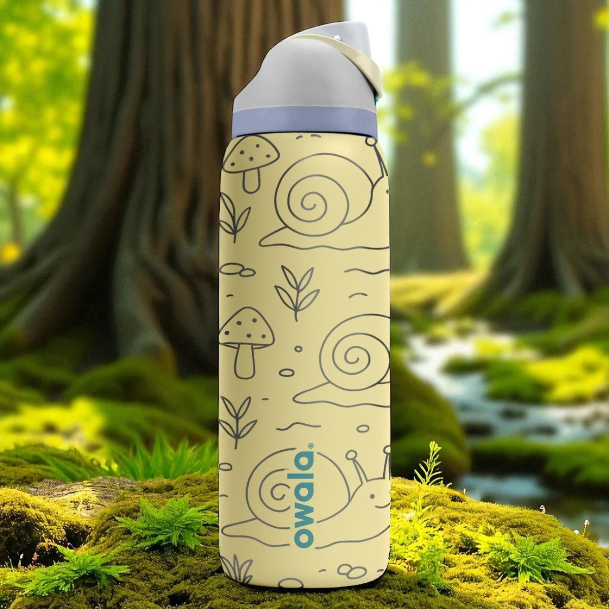 Engraved Snail Owala Bottle – Cute Nature Forest Tumbler with Mushrooms and Plants – 16oz 24oz 32oz 40oz