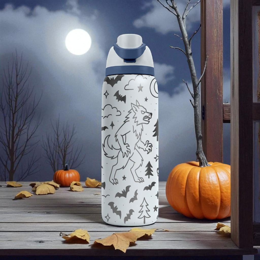 Werewolf Engraved Owala Bottle – Full Moon Forest Design – Halloween Edition Stainless Steel Cup 16oz 24oz 32oz 40oz