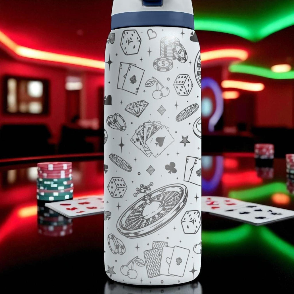Casino Engraved Owala Tumbler – Poker Dice Roulette 40oz 32oz 24oz Water Bottle – Vegas Lover Gift for Him or Her