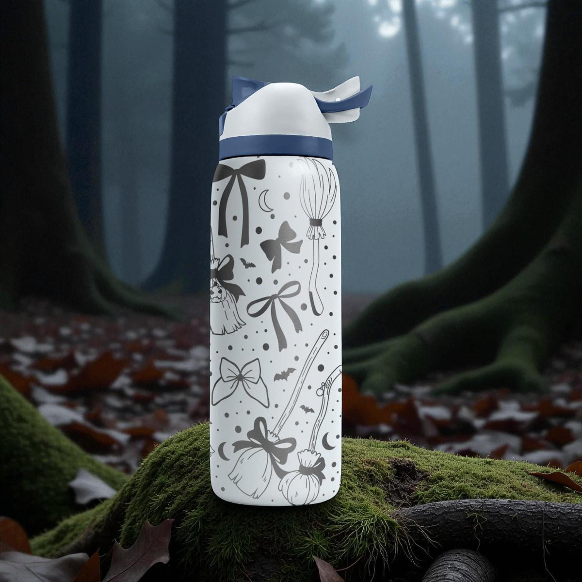 Engraved Witch Broom Owala Bottle – Magical Brooms & Bows Pattern – Halloween Witchy Stainless Cup 16oz 24oz 32oz 40oz  ⸻