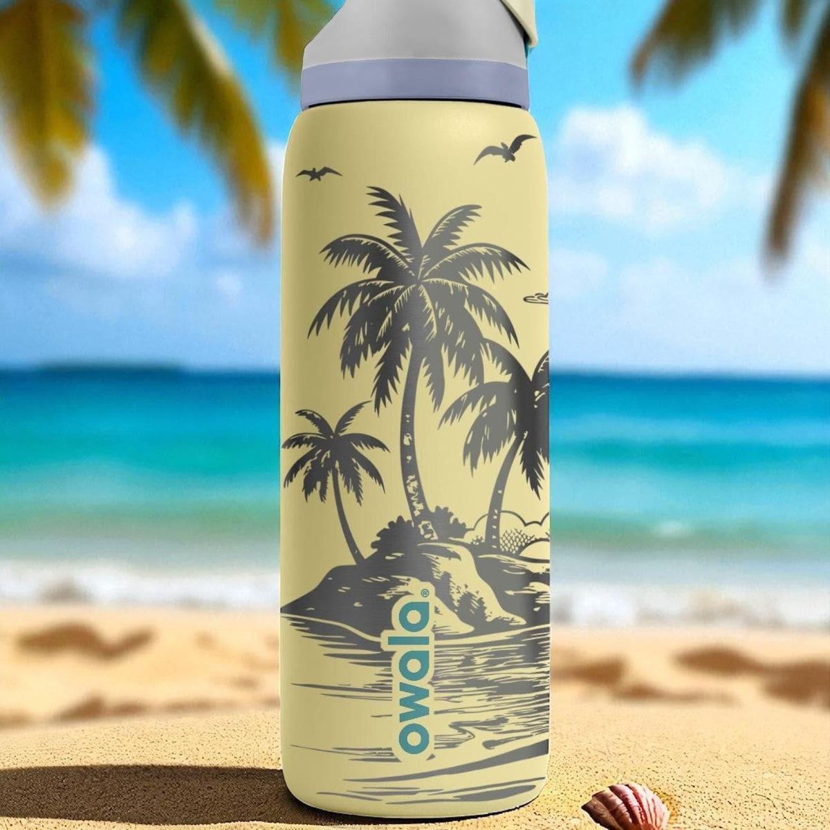 Tropical Island Engraved Owala Tumbler – Palm Trees Sunset Beach Scene – Summer Gift – 40oz 32oz 24oz Bottle