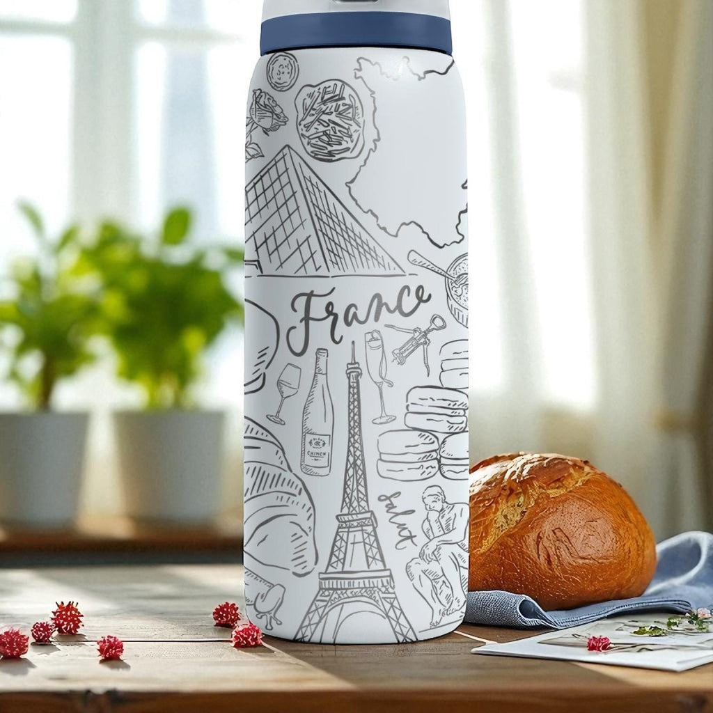France Inspired Owala Tumbler – 16oz 24oz 32oz 40oz Travel Bottle with Eiffel Tower, Baguette, Macarons – Engraved Paris Gift Idea