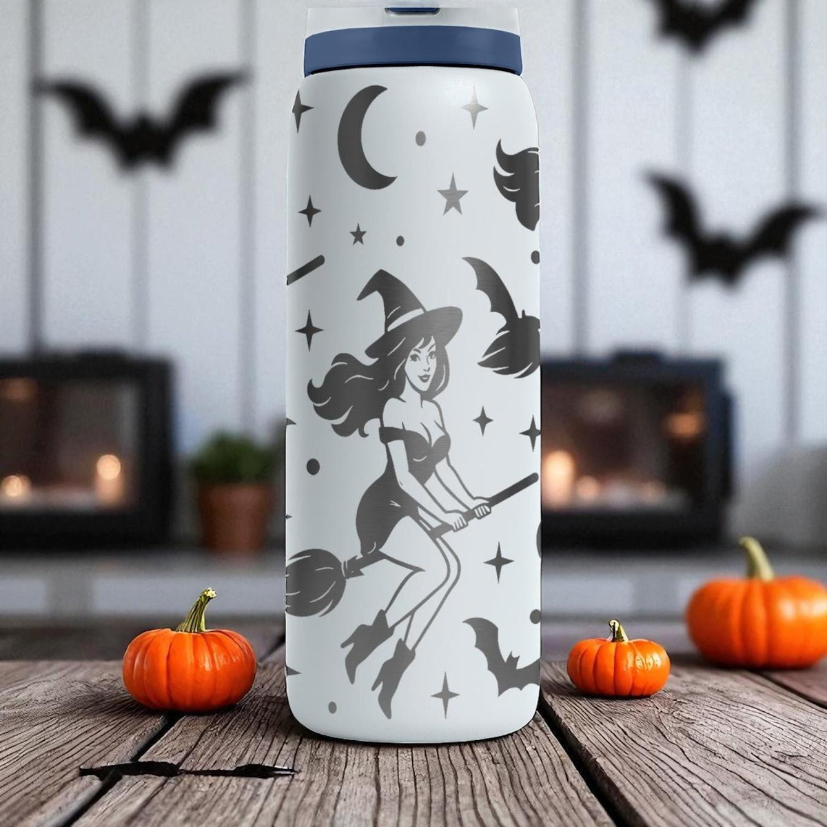 Halloween Witch Owala Bottle – Engraved Flying Witch and Bats Wrap – Stainless Steel Cup 16oz 24oz 32oz 40oz