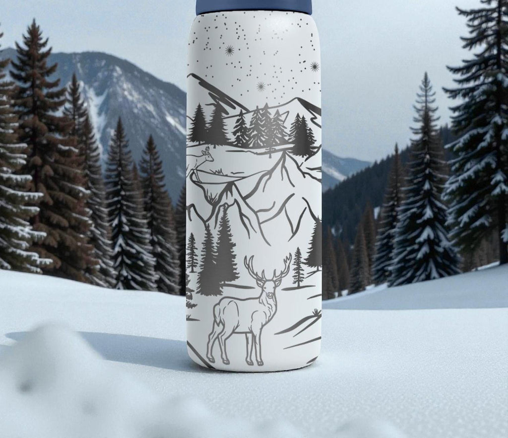 Engraved Winter Mountain Owala Bottle – Deer, Pines & Snowy Landscape Design – Outdoors Nature Engraved Cup 16oz 24oz 32oz 40oz  ⸻