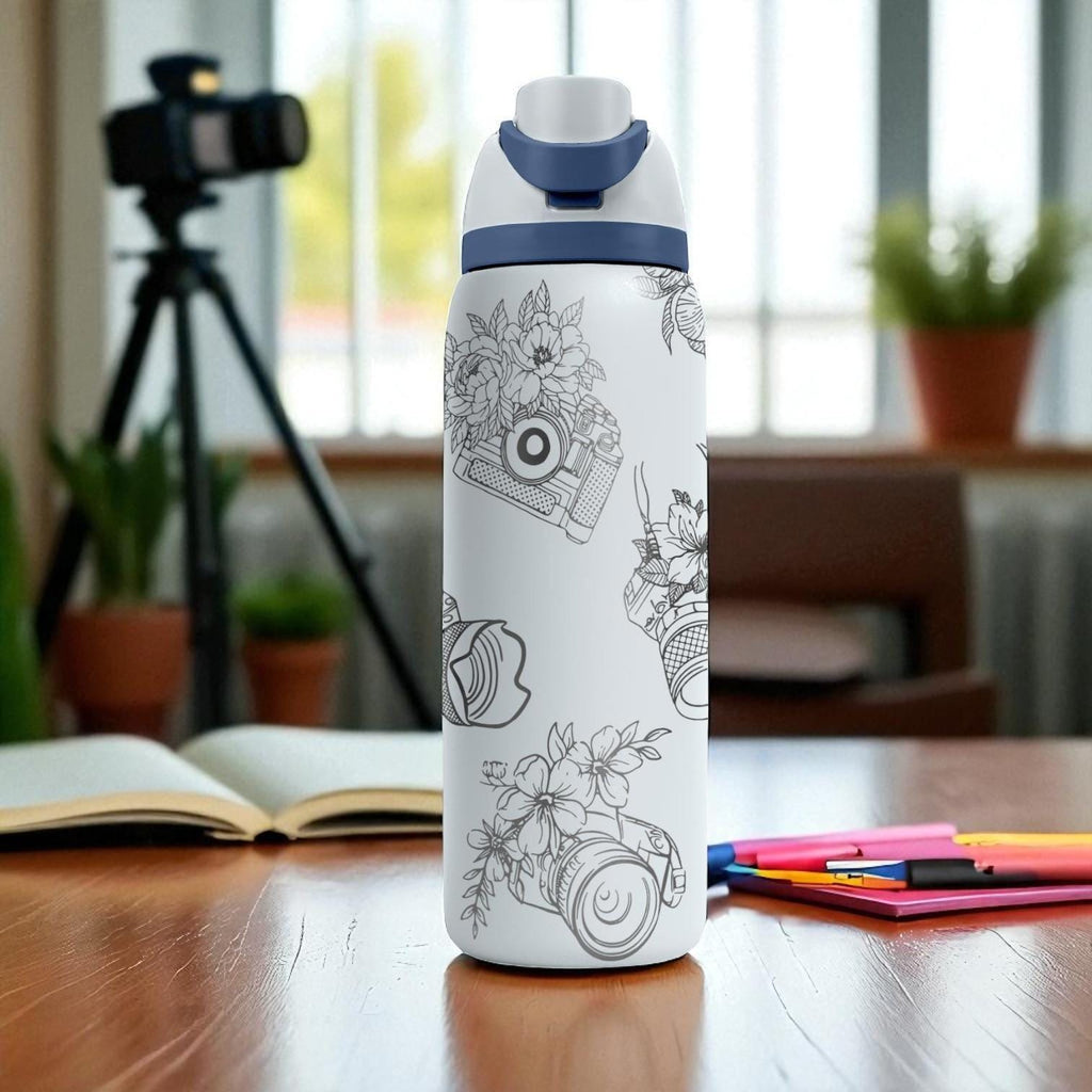 Floral Camera Engraved Owala Tumbler – 16oz 24oz 32oz 40oz FreeSip Cup with Vintage Photography Wrap – Gift for Photographers