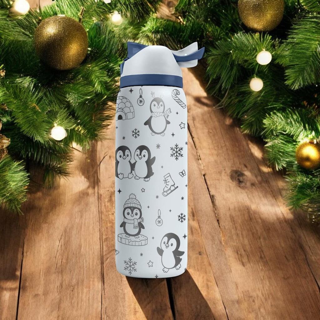 Cute Penguins Engraved Owala Bottle – Winter Wonderland Ice Skating Design – Christmas Gift Stainless Cup 16oz 24oz 32oz 40oz