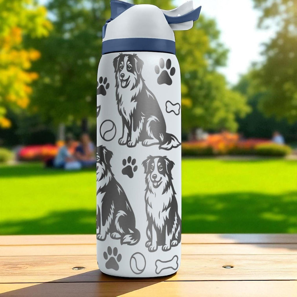 Engraved Australian Shepherd Bottle – Cute Owala Tumbler with Dog, Paws, and Toys – 16oz 24oz 32oz 40oz Gift for Dog Lovers