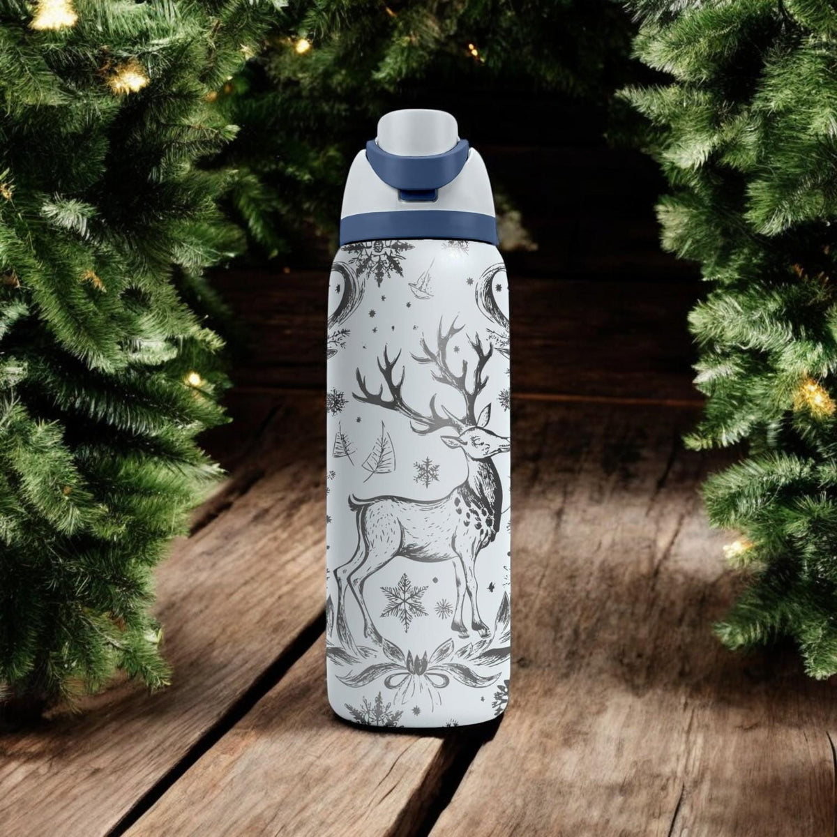 Reindeer Engraved Owala Bottle – Elegant Winter Forest Design with Snowflakes – Christmas Gift Stainless Cup 16oz 24oz 32oz 40oz