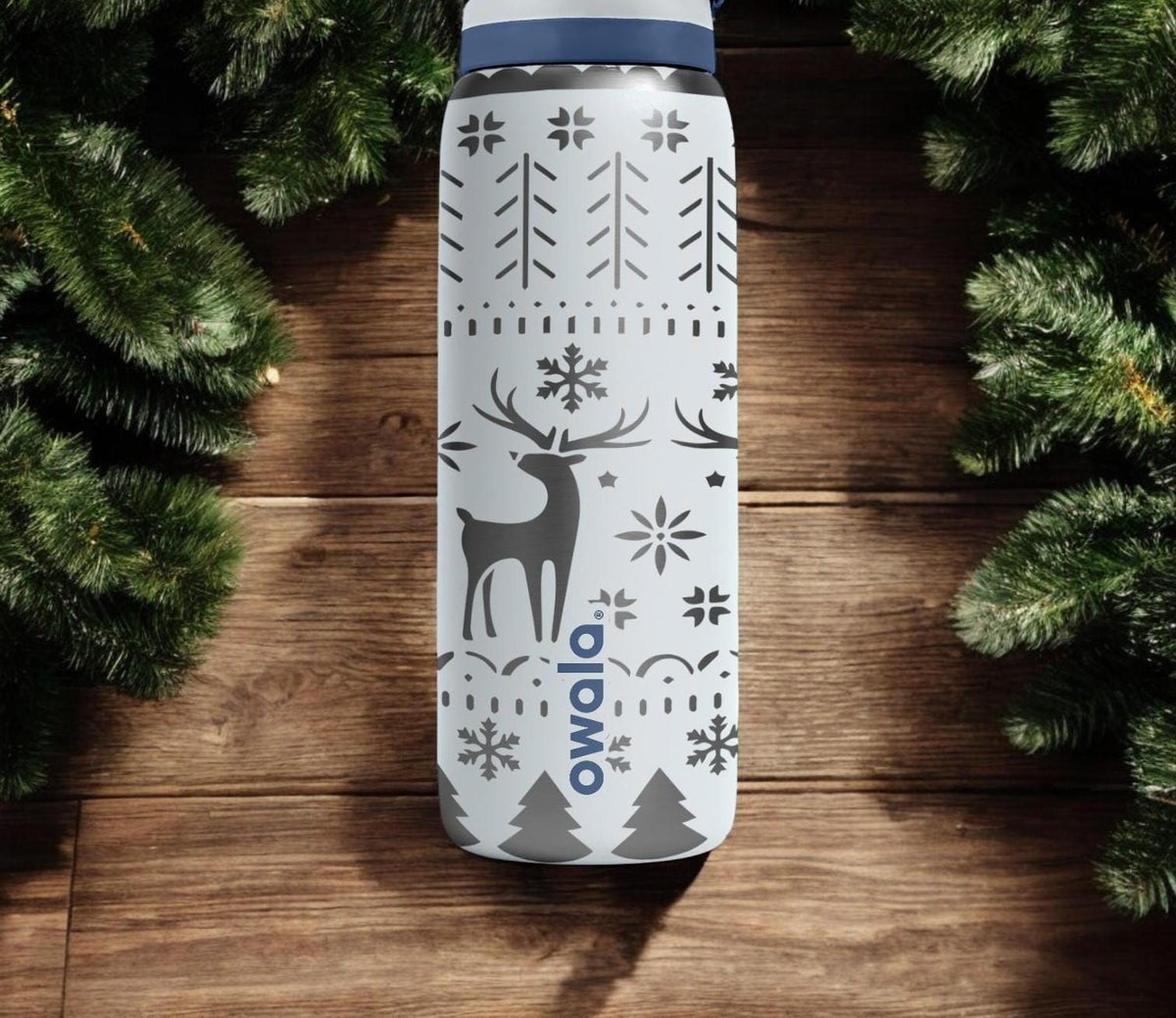 Nordic Reindeer Engraved Owala Bottle – Cozy Scandinavian Sweater Pattern – Christmas Gift Stainless Cup 16oz 24oz 32oz 40oz