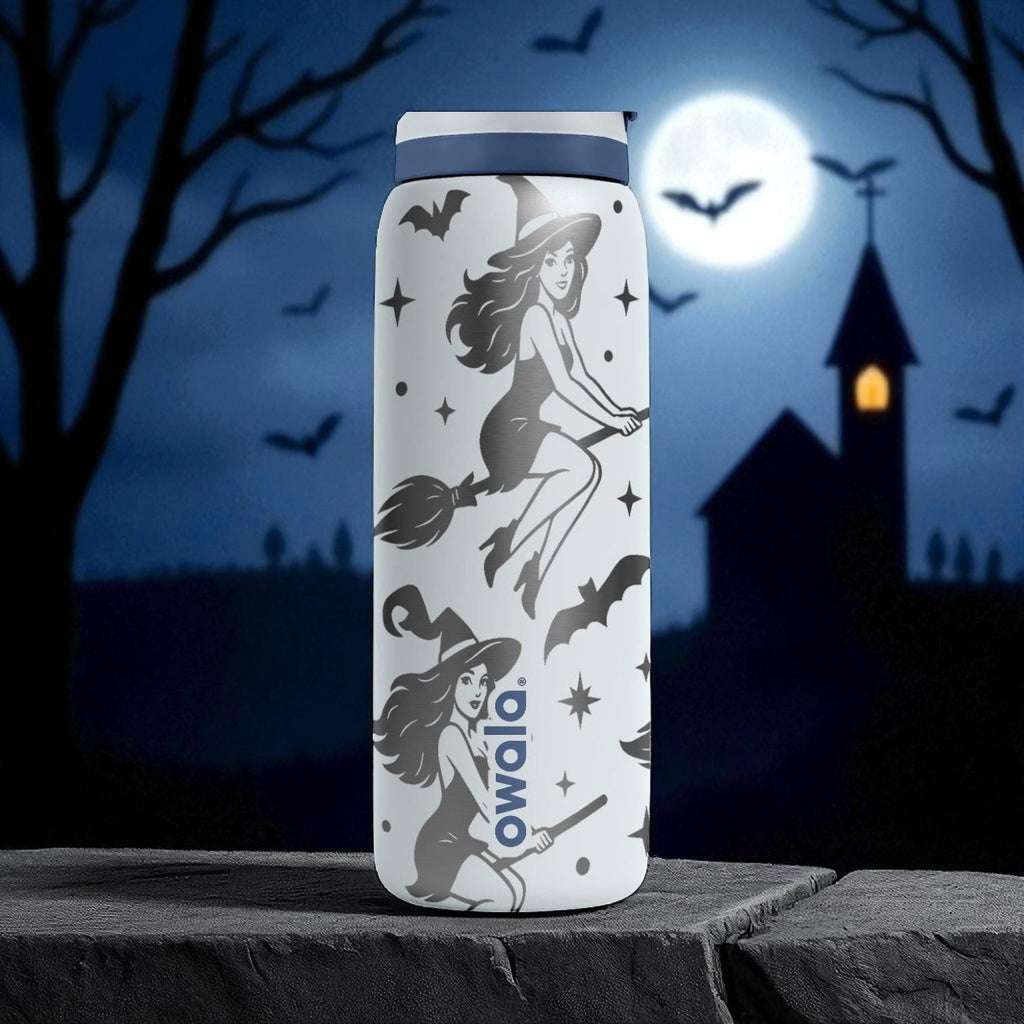 Halloween Witch Owala Bottle – Engraved Flying Witch and Bats Wrap – Stainless Steel Cup 16oz 24oz 32oz 40oz