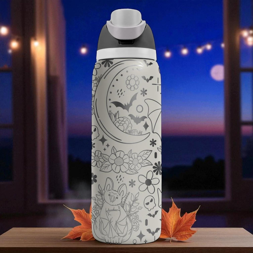 Engraved Bat Owala Bottle – Cute Moon and Floral Bat Design Tumbler – 16oz 24oz 32oz 40oz Water Bottle Gift