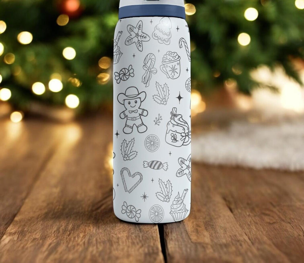 Gingerbread Man Engraved Owala Bottle – Holiday Cookie and Candy Pattern – Christmas Gift Stainless Cup 16oz 24oz 32oz 40oz