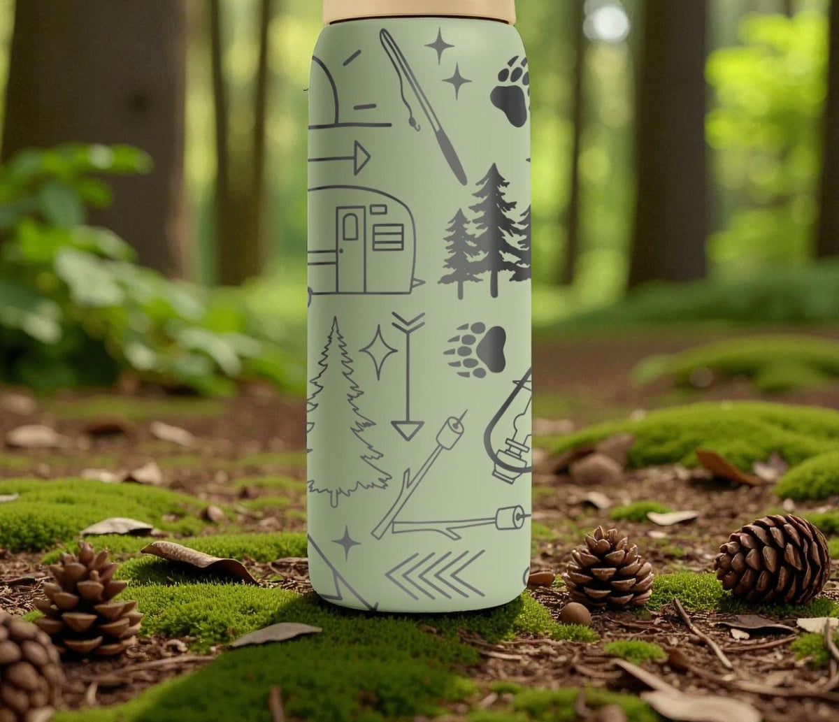 Camping Trailer Engraved Owala Bottle – Forest Trees, Backpack & Adventure Icons – Outdoor Camper Gift Stainless Cup 16oz 24oz 32oz 40oz  ⸻