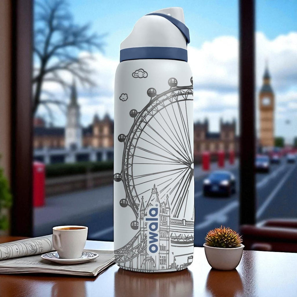 Engraved London Tumbler – Owala Water Bottle with Big Ben and Eye Design – British Landmark Cup – 16oz 24oz 32oz 40oz