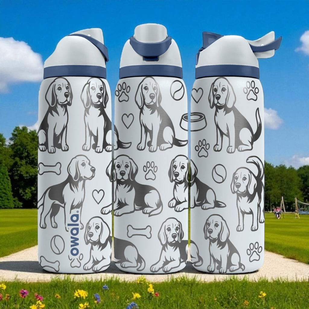 Beagle Engraved Owala Water Bottle – Cute Dog Gift with Paw Prints and Bones – 16oz 24oz 32oz 40oz Tumbler for Pet Lovers
