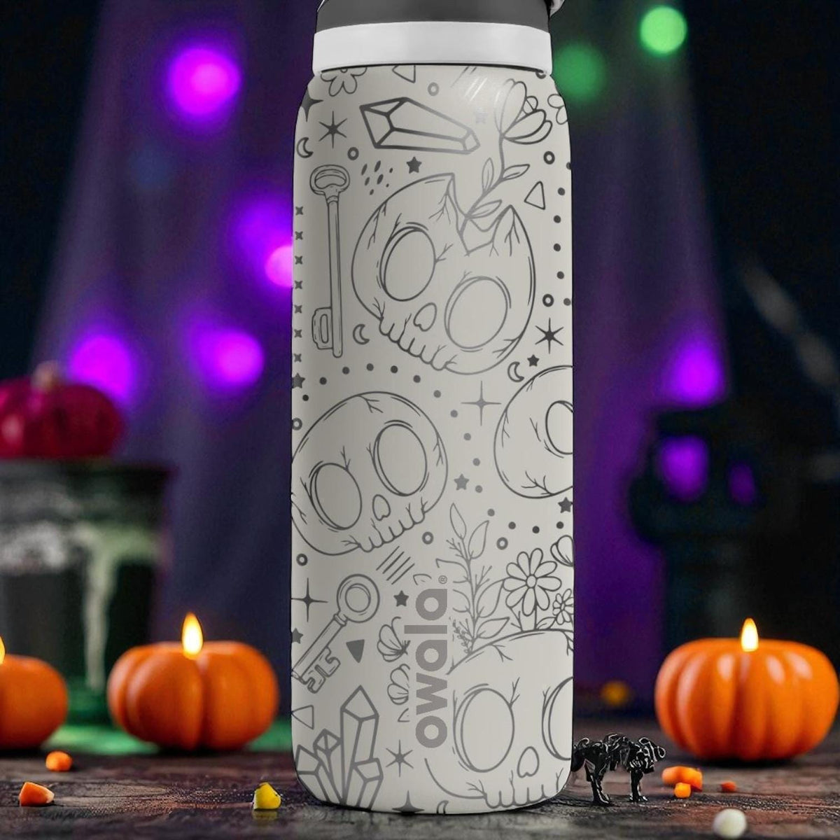 Engraved Skull Floral Tumbler – Owala Water Bottle with Halloween Style Design – 16oz 24oz 32oz 40oz