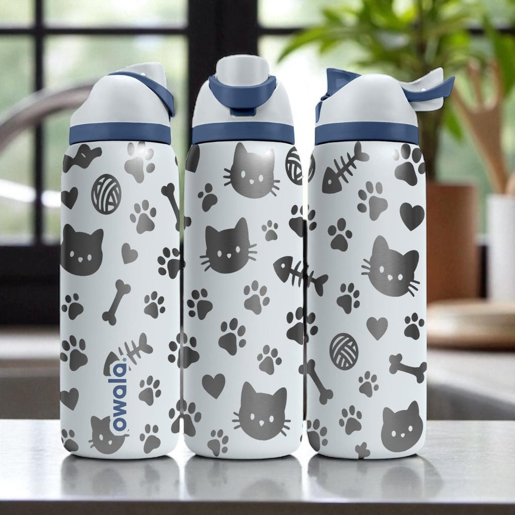 Cat Lover Owala Bottle – Engraved Cute Kitty and Paw Print Water Bottle – Gift for Pet Owners and Cat Moms 16oz 24oz 32oz 40oz