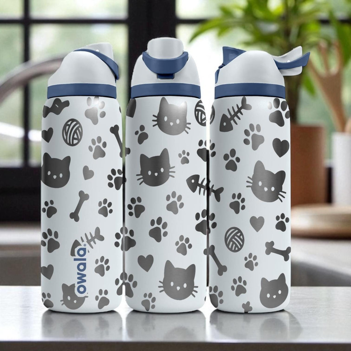 Cat Lover Owala Bottle – Engraved Cute Kitty and Paw Print Water Bottle – Gift for Pet Owners and Cat Moms 16oz 24oz 32oz 40oz