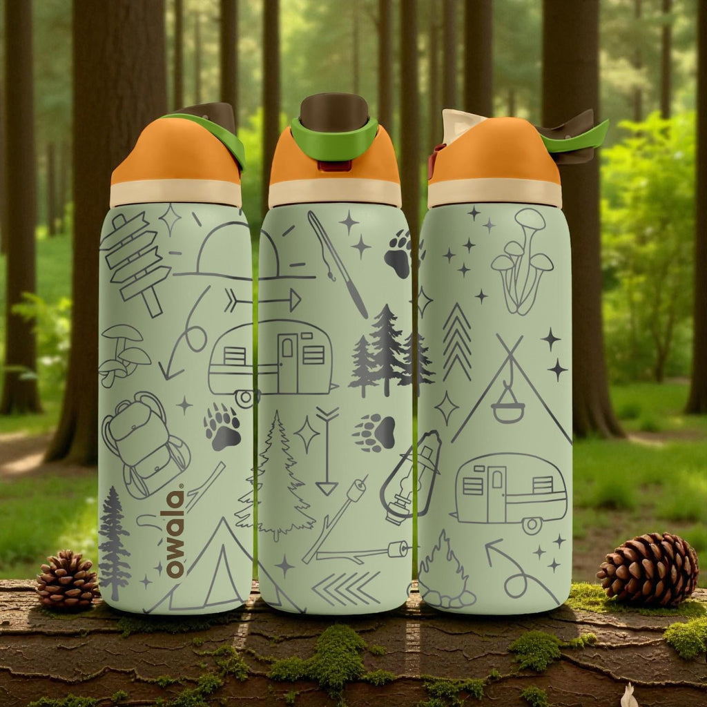 Camping Trailer Engraved Owala Bottle – Forest Trees, Backpack & Adventure Icons – Outdoor Camper Gift Stainless Cup 16oz 24oz 32oz 40oz  ⸻