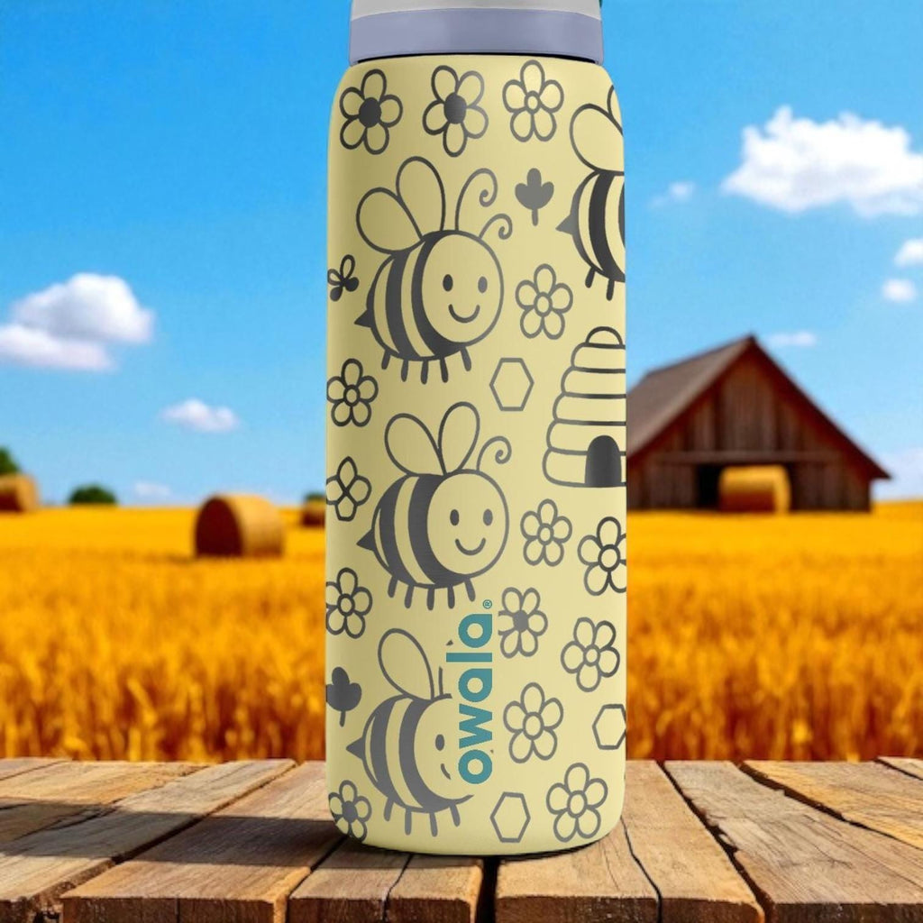 Cute Smiling Bee Owala Bottle – Engraved Yellow Honeybee and Hive Water Bottle – Adorable Gift for Kids and Bee Lovers 16oz 24oz 32oz 40oz