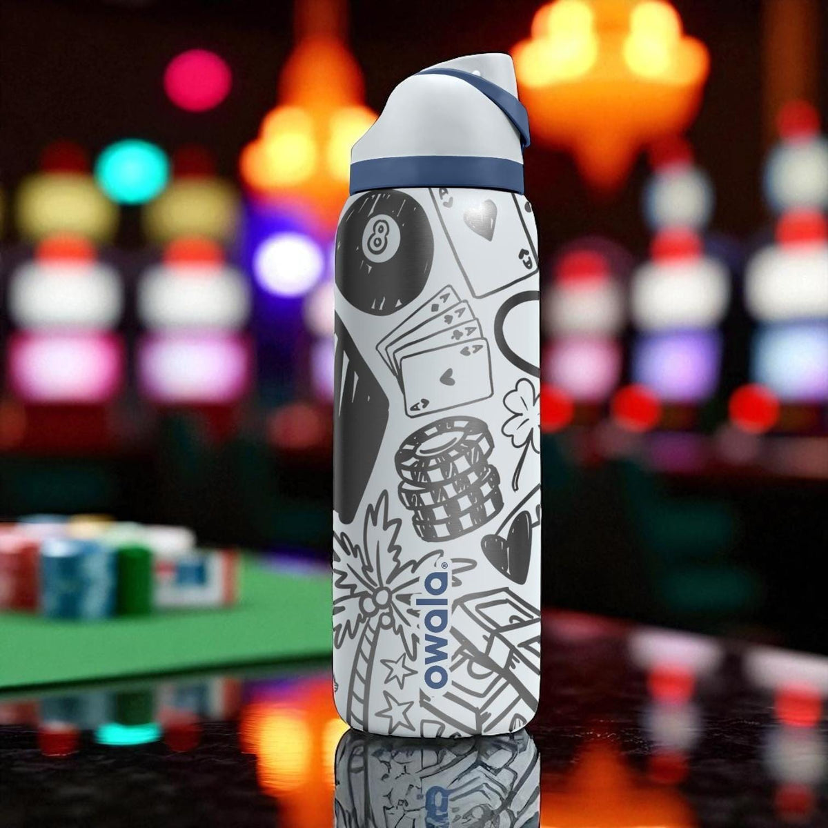 Engraved Vegas Tumbler – Owala Water Bottle with Casino Design – Dice and Slot Machine Art – 16oz 24oz 32oz 40oz