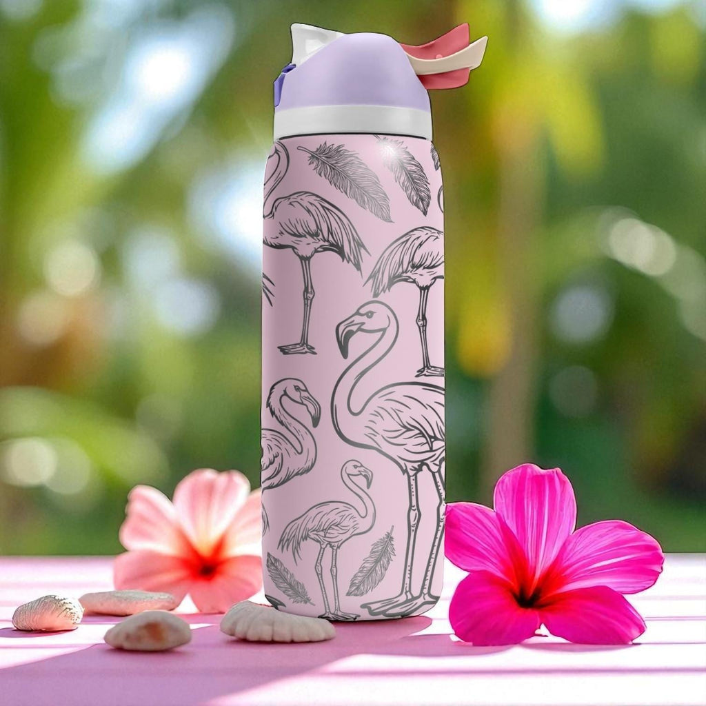 Flamingo Engraved Owala Tumbler – 16oz 24oz 32oz 40oz Tropical FreeSip Cup with Feathers – Summer Gift for Her
