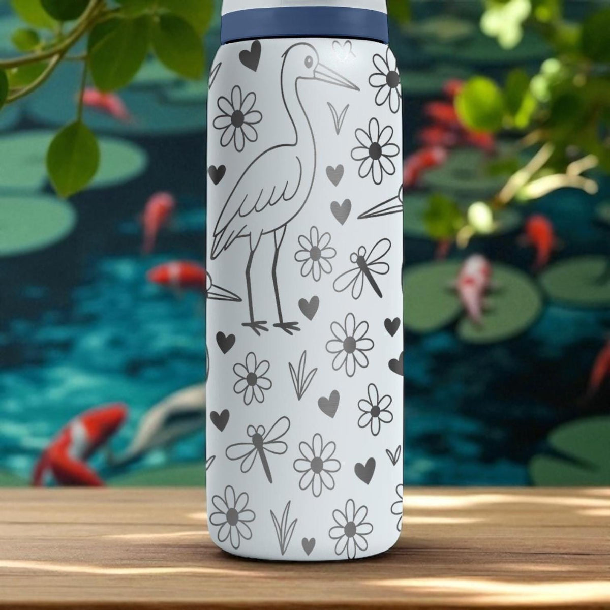 Engraved Heron Water Bottle – Elegant Owala Tumbler with Flowers and Dragonflies – 16oz 24oz 32oz 40oz Nature Lover Gift