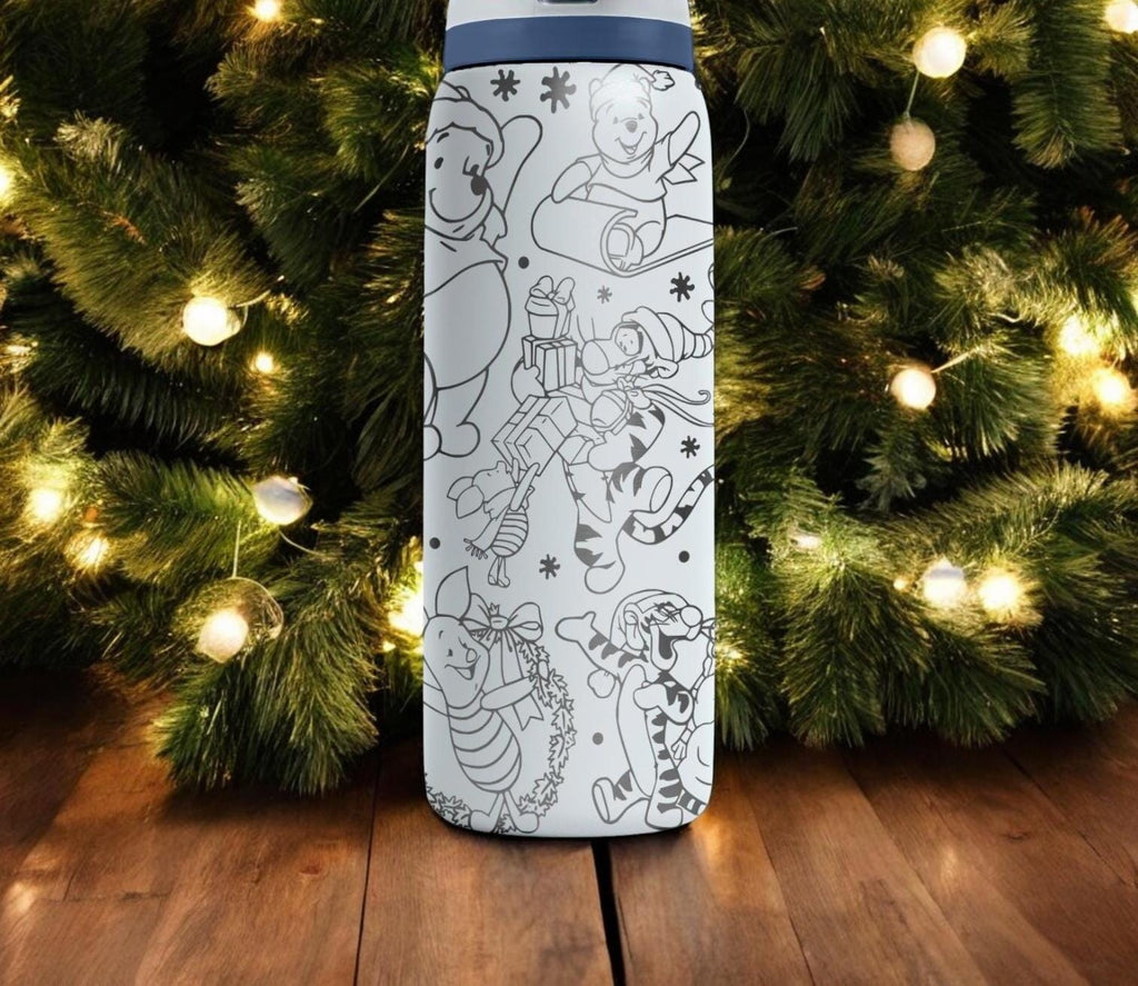 Christmas Engraved Owala Bottle – Cozy Winnie and Friends Winter Design – Cute Holiday Gift Stainless Cup 16oz 24oz 32oz 40oz