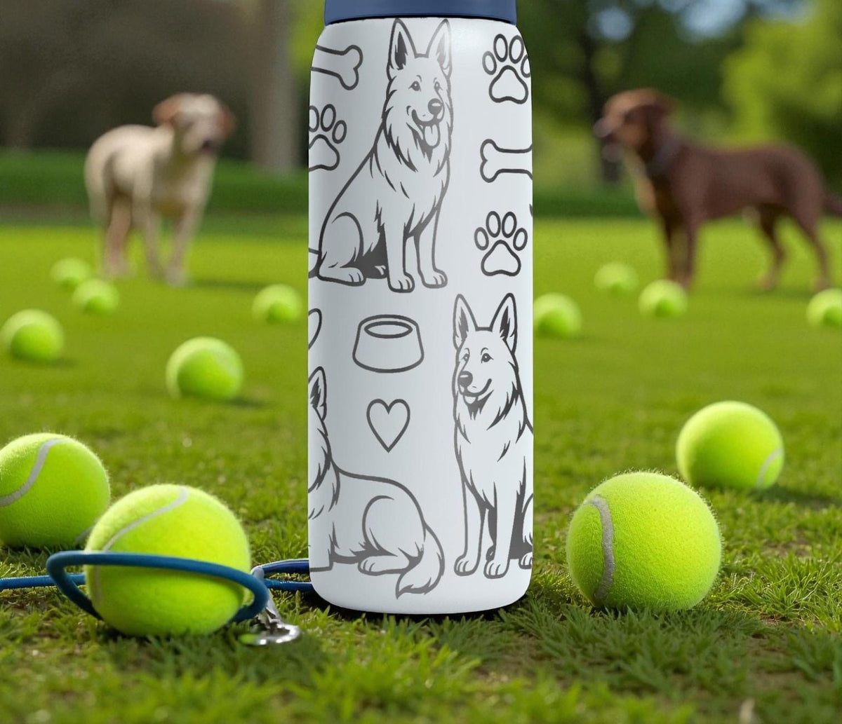 German Shepherd Engraved Owala Bottle – Dog Pattern with Paw Prints, Bones & Hearts – Pet Lover Gift Stainless Cup 16oz 24oz 32oz 40oz