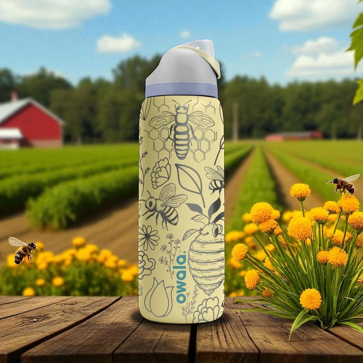 Bee and Flower Owala Bottle – Engraved Yellow Nature-Inspired Water Bottle – Honeycomb Floral Design 16oz 24oz 32oz 40oz