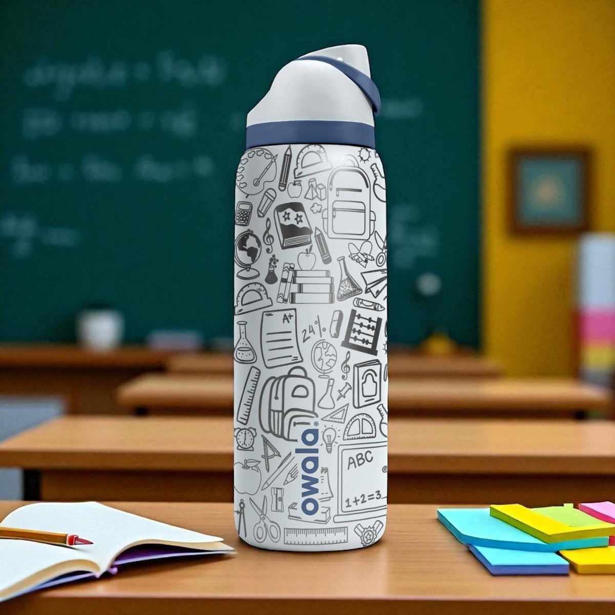 Back to School Owala Engraved Water Bottle – 16oz 24oz 32oz 40oz – Student Teacher Gift, Classroom Doodle Tumbler