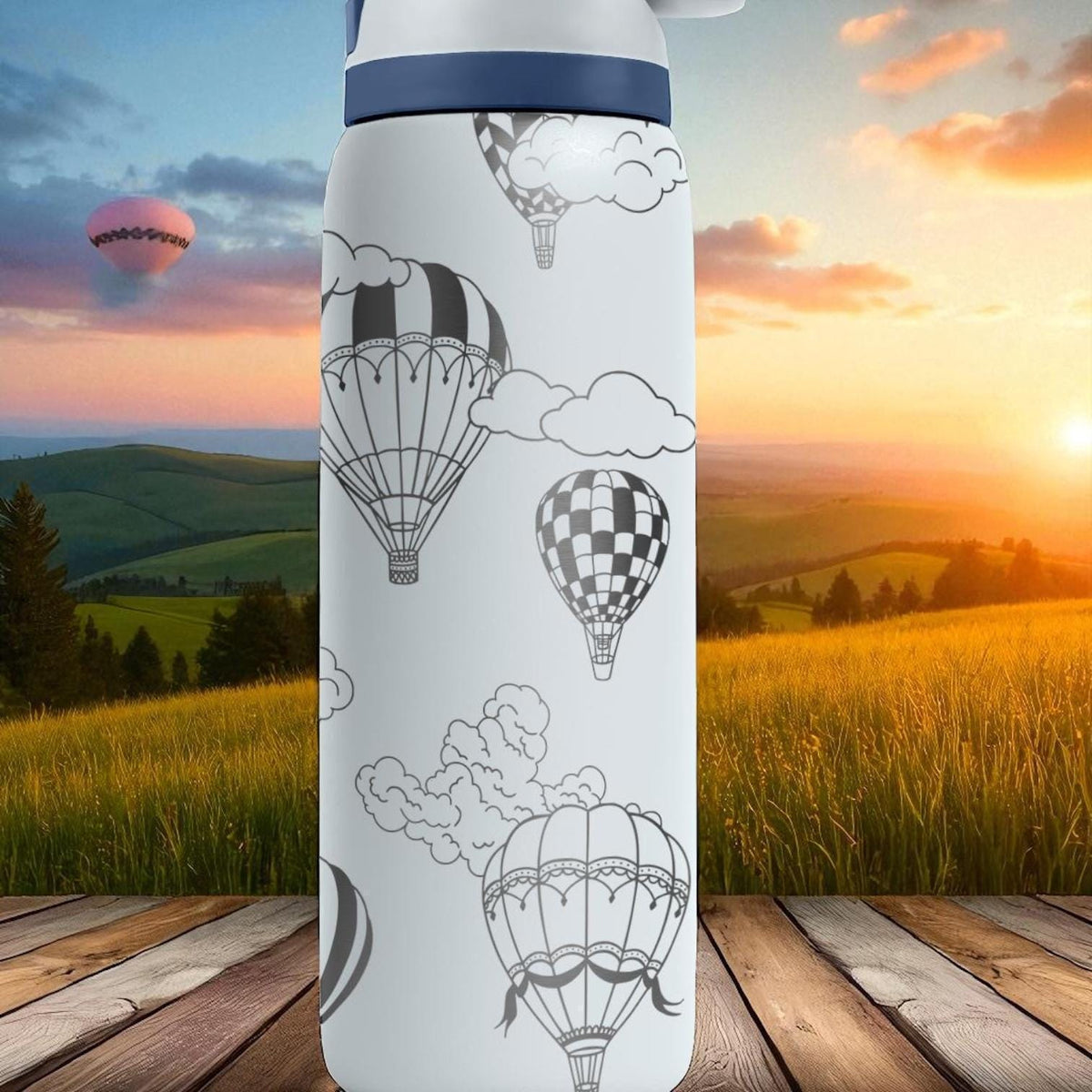 Hot Air Balloon Engraved Owala Tumbler – 16oz 24oz 32oz 40oz FreeSip Cup with Sky and Clouds – Adventure Gift for Her or Him
