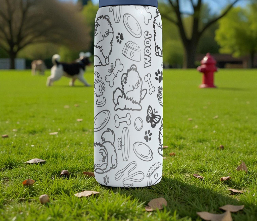 Shih Tzu Engraved Owala Bottle – Fluffy Dog Pattern with Paws, Bones & Toys – Pet Lover Gift Stainless Cup 16oz 24oz 32oz 40oz  ⸻