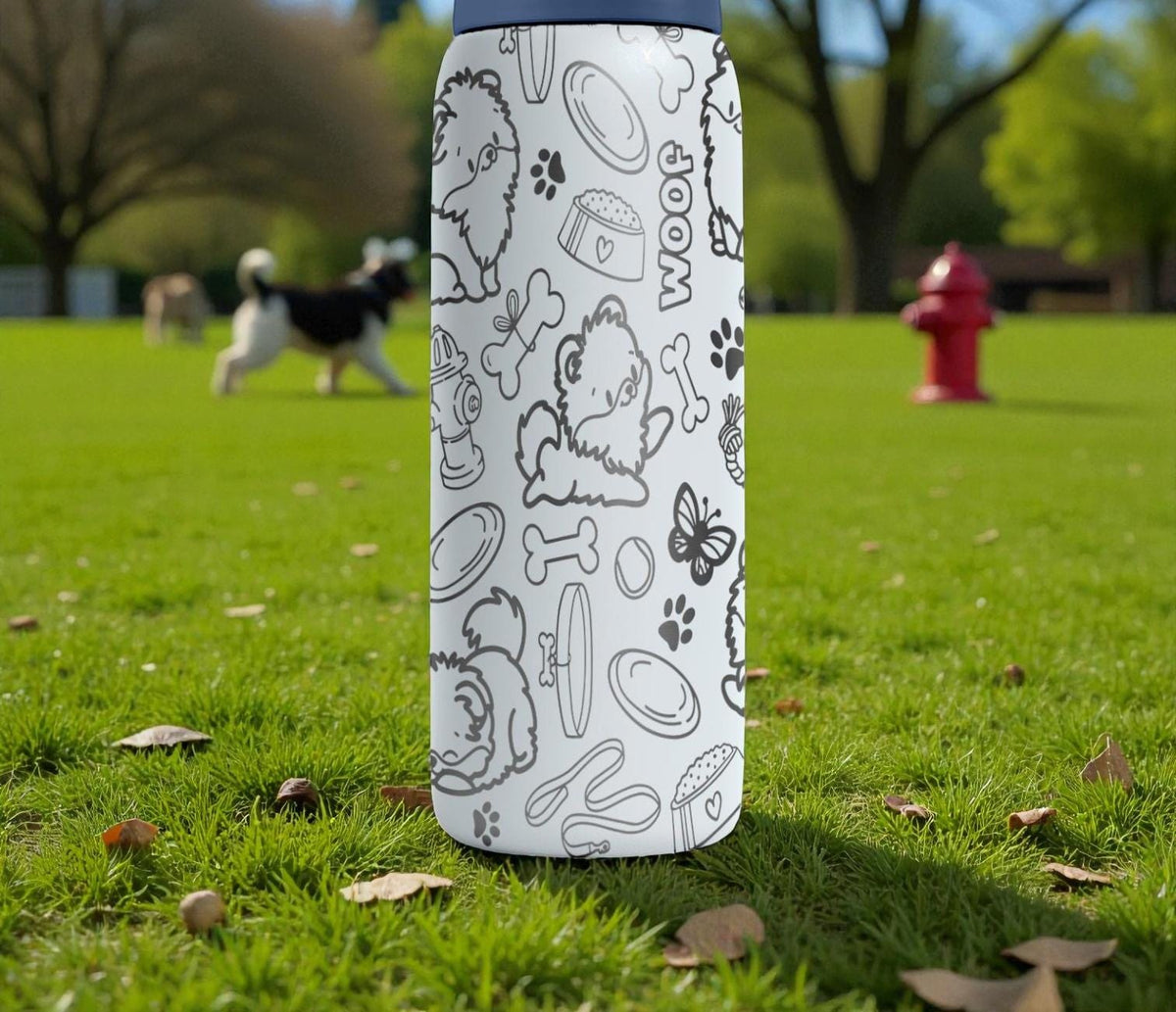 Shih Tzu Engraved Owala Bottle – Fluffy Dog Pattern with Paws, Bones & Toys – Pet Lover Gift Stainless Cup 16oz 24oz 32oz 40oz  ⸻