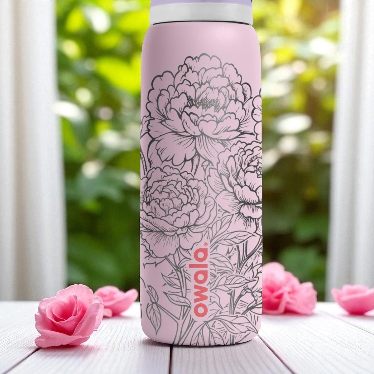 Peony Flower Engraved Owala Tumbler – 16oz 24oz 32oz 40oz Pink Floral Cup – Elegant Gift for Her – Aesthetic Stainless Steel Bottle