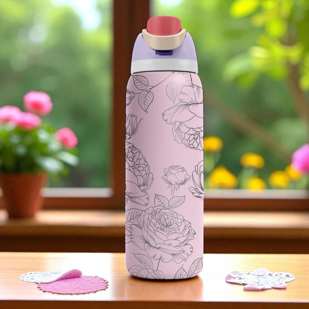 Elegant Rose Engraved Owala Tumbler – 16oz 24oz 32oz 40oz Floral Water Bottle – Romantic Gift for Her or Garden Lovers