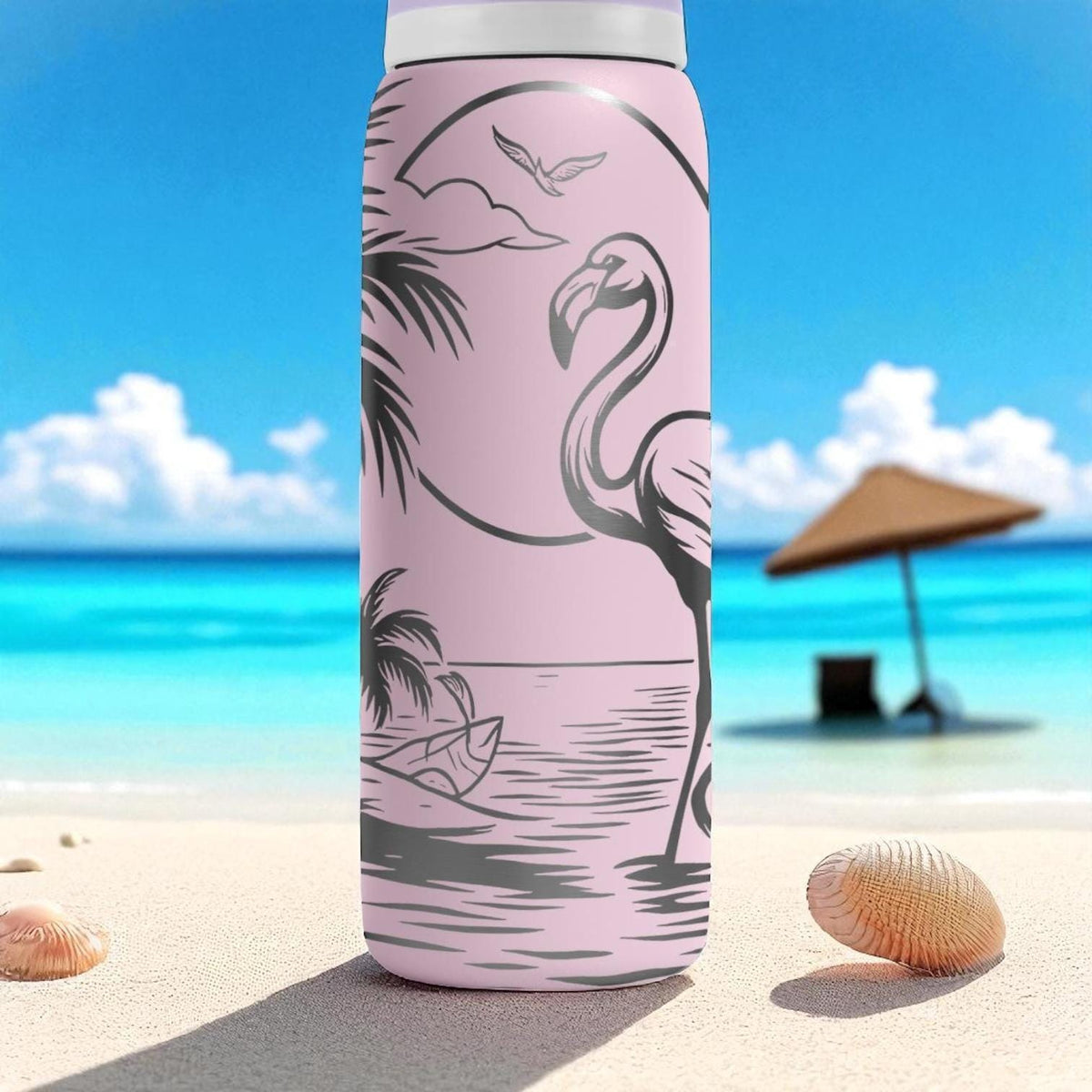 Engraved Flamingo Beach Owala Bottle – Tropical Sunset Palm Tree Tumbler – 16oz 24oz 32oz 40oz Summer Gift