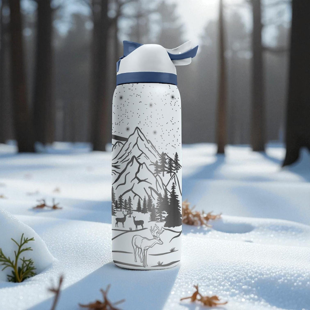Engraved Winter Mountain Owala Bottle – Deer, Pines & Snowy Landscape Design – Outdoors Nature Engraved Cup 16oz 24oz 32oz 40oz  ⸻
