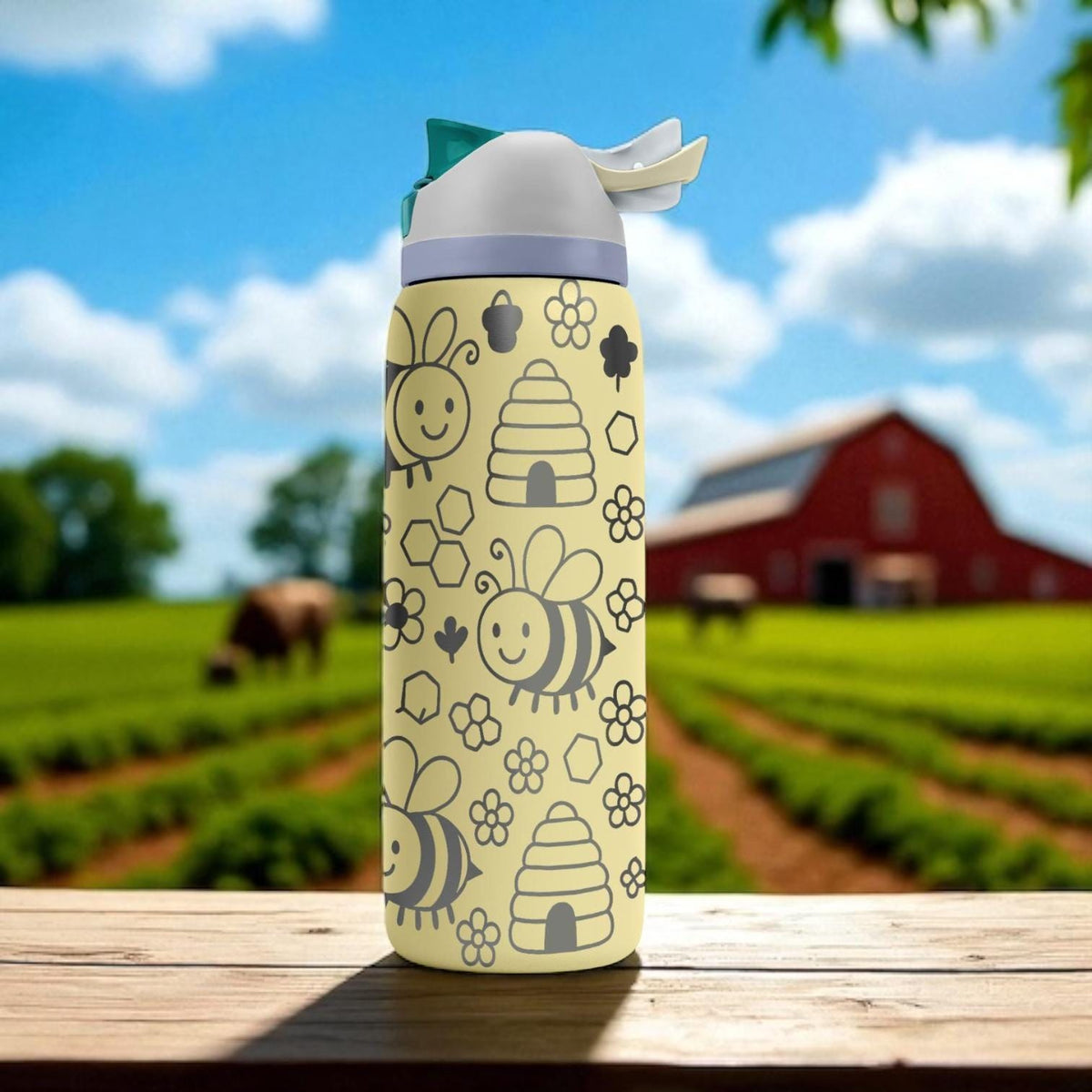 Cute Smiling Bee Owala Bottle – Engraved Yellow Honeybee and Hive Water Bottle – Adorable Gift for Kids and Bee Lovers 16oz 24oz 32oz 40oz