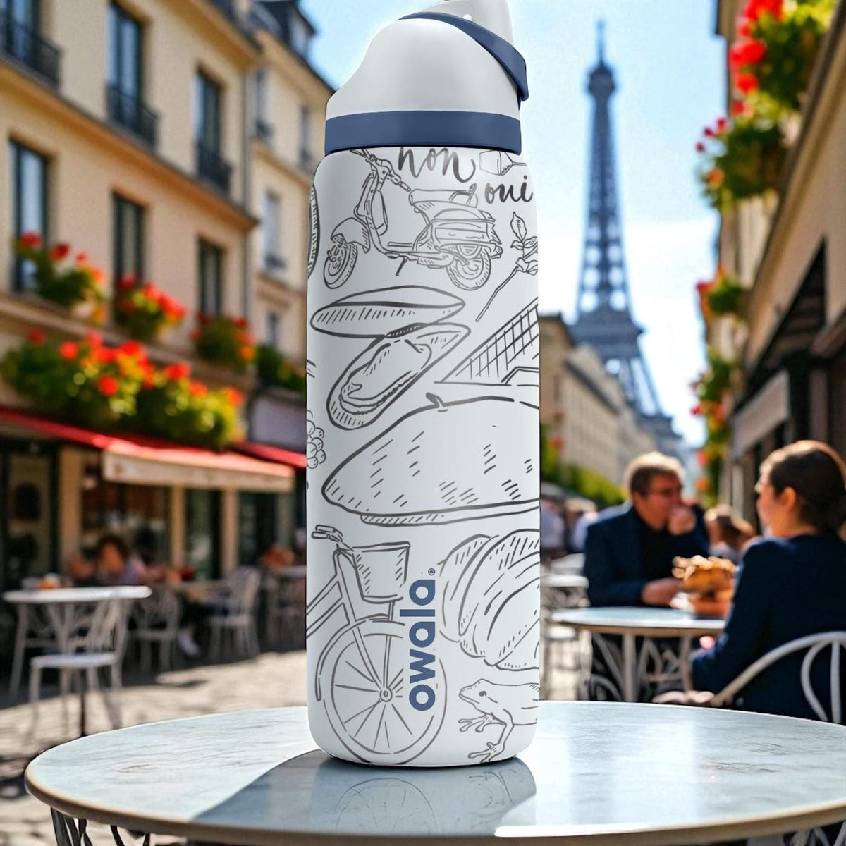 France Inspired Owala Tumbler – 16oz 24oz 32oz 40oz Travel Bottle with Eiffel Tower, Baguette, Macarons – Engraved Paris Gift Idea