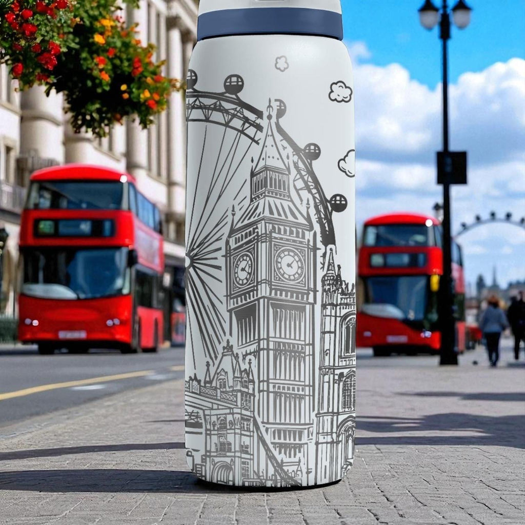 Engraved London Tumbler – Owala Water Bottle with Big Ben and Eye Design – British Landmark Cup – 16oz 24oz 32oz 40oz