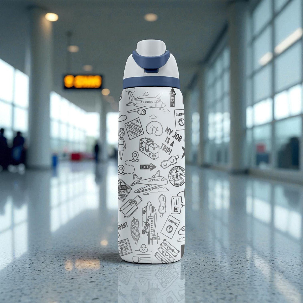 Flight Attendant Engraved Owala Bottle – Aviation Doodle Travel Pattern – Pilot Crew Gift Stainless Cup 16oz 24oz 32oz 40oz  ⸻