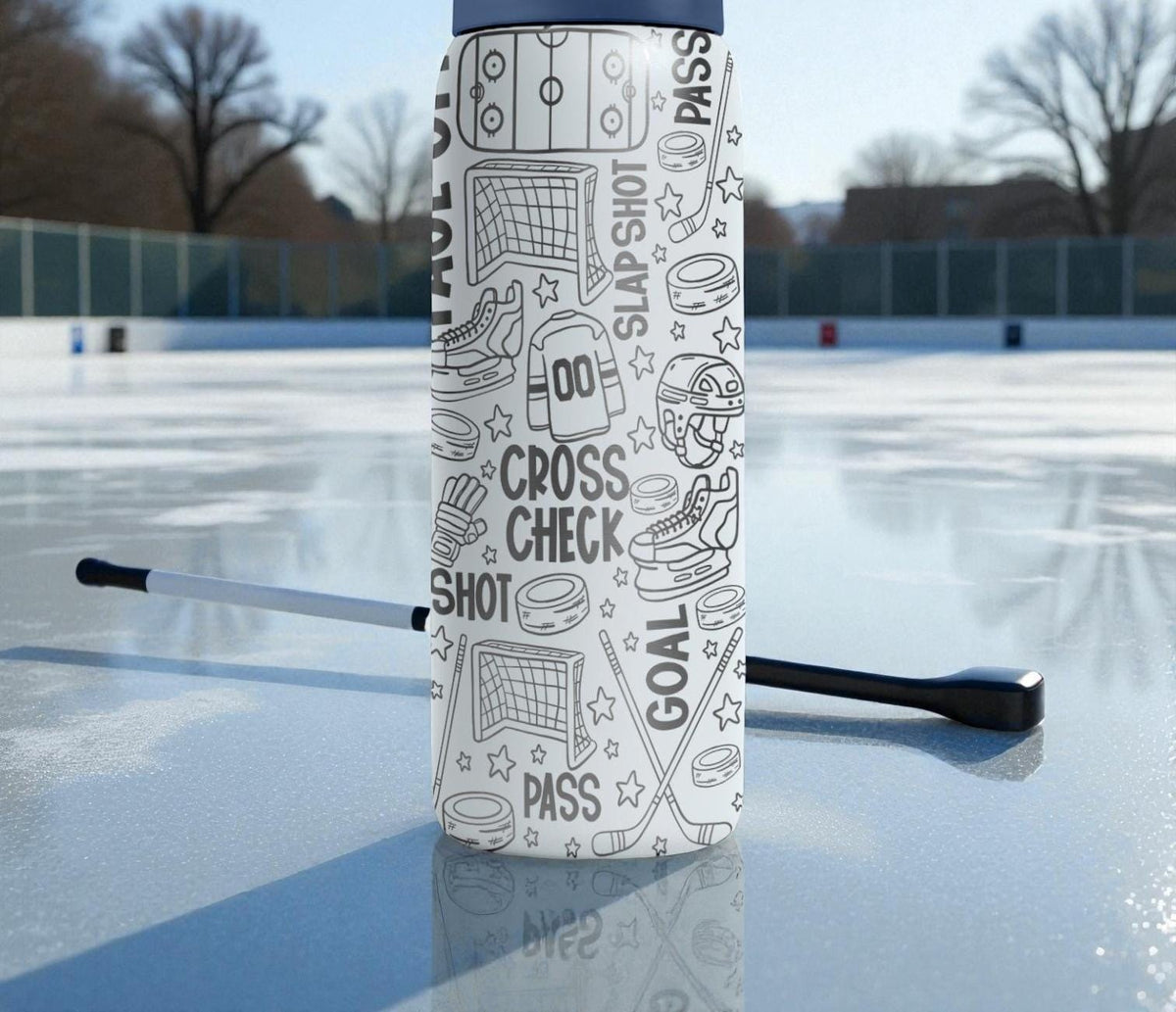 Hockey Engraved Owala Bottle – Slap Shot & Ice Rink Pattern – Player Coach Gift Stainless Cup 16oz 24oz 32oz 40oz  ⸻