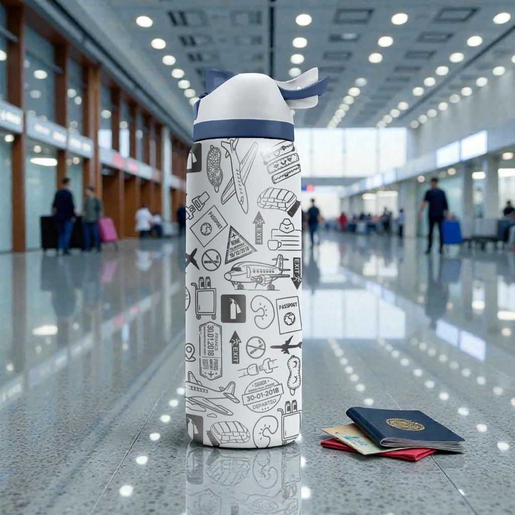 Travel Engraved Owala Bottle – Airplane & Adventure Pattern – Traveler Gift Stainless Cup 16oz 24oz 32oz 40oz  ⸻