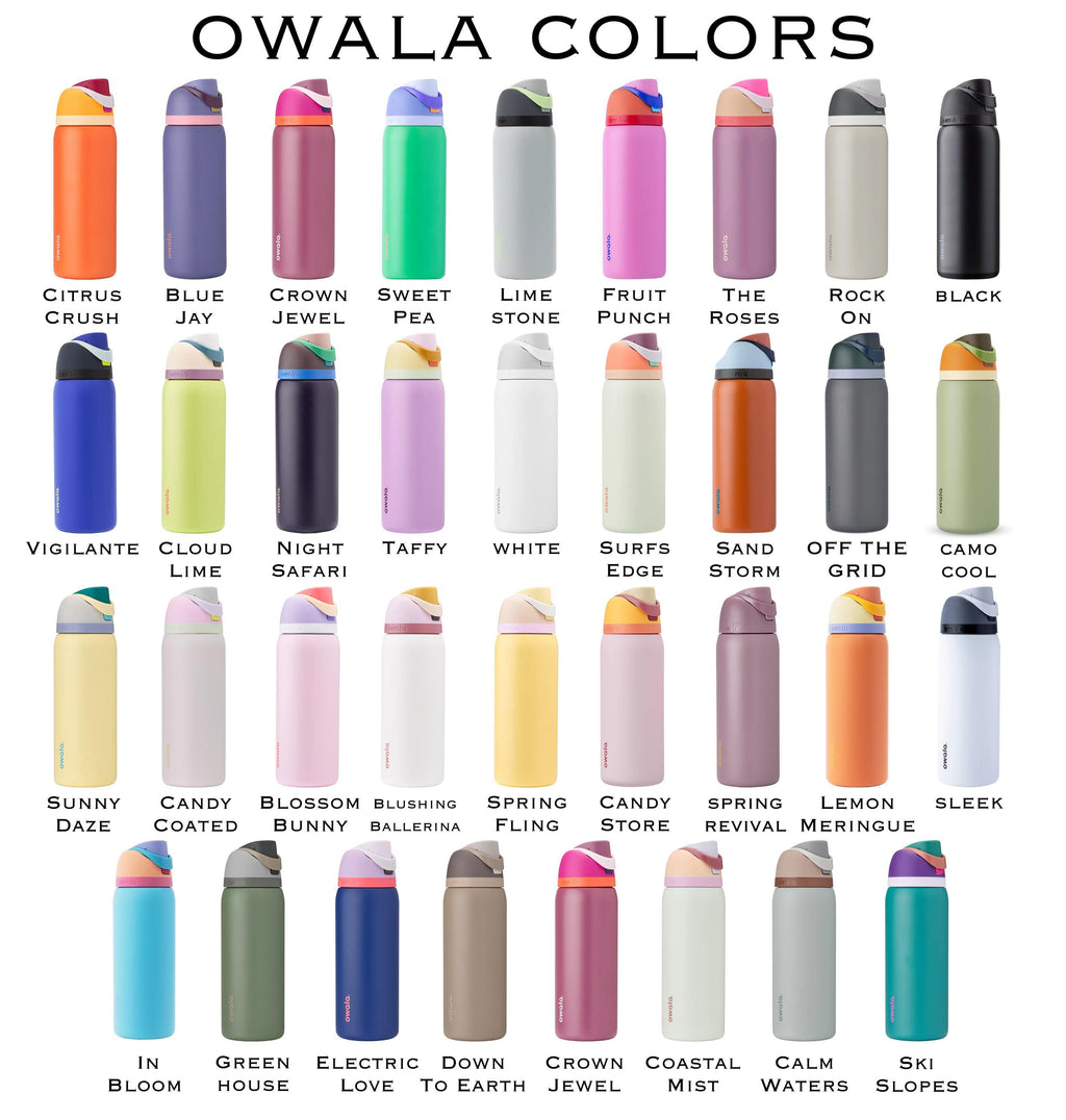 a grid of 24 different colored water bottles, each with a unique color and label.