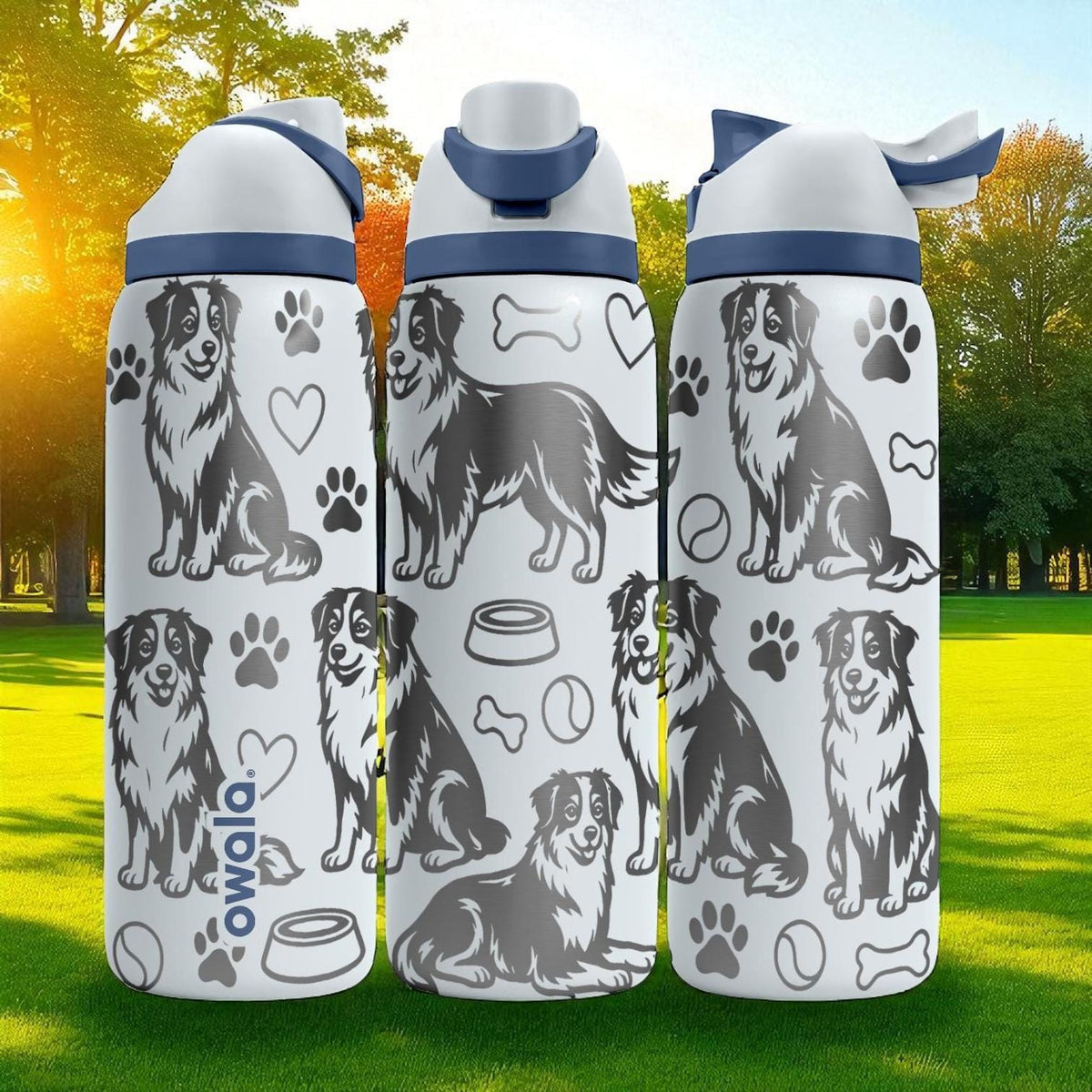 Engraved Australian Shepherd Bottle – Cute Owala Tumbler with Dog, Paws, and Toys – 16oz 24oz 32oz 40oz Gift for Dog Lovers