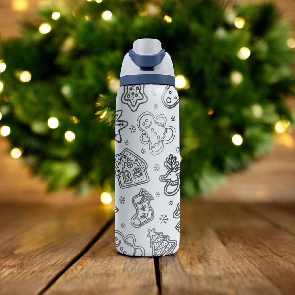 Gingerbread Engraved Owala Bottle – Cute Christmas Cookie Pattern – Holiday Gift Stainless Cup 16oz 24oz 32oz 40oz