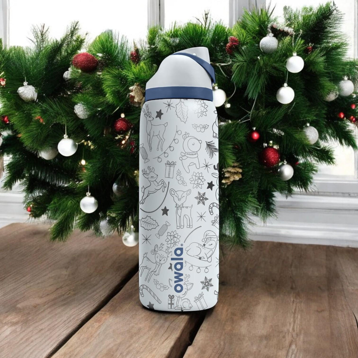 Cute Reindeer Engraved Owala Bottle – Adorable Holiday Pattern with Candy Canes and Gifts – Christmas Gift Stainless Cup 16oz 24oz 32oz 40oz